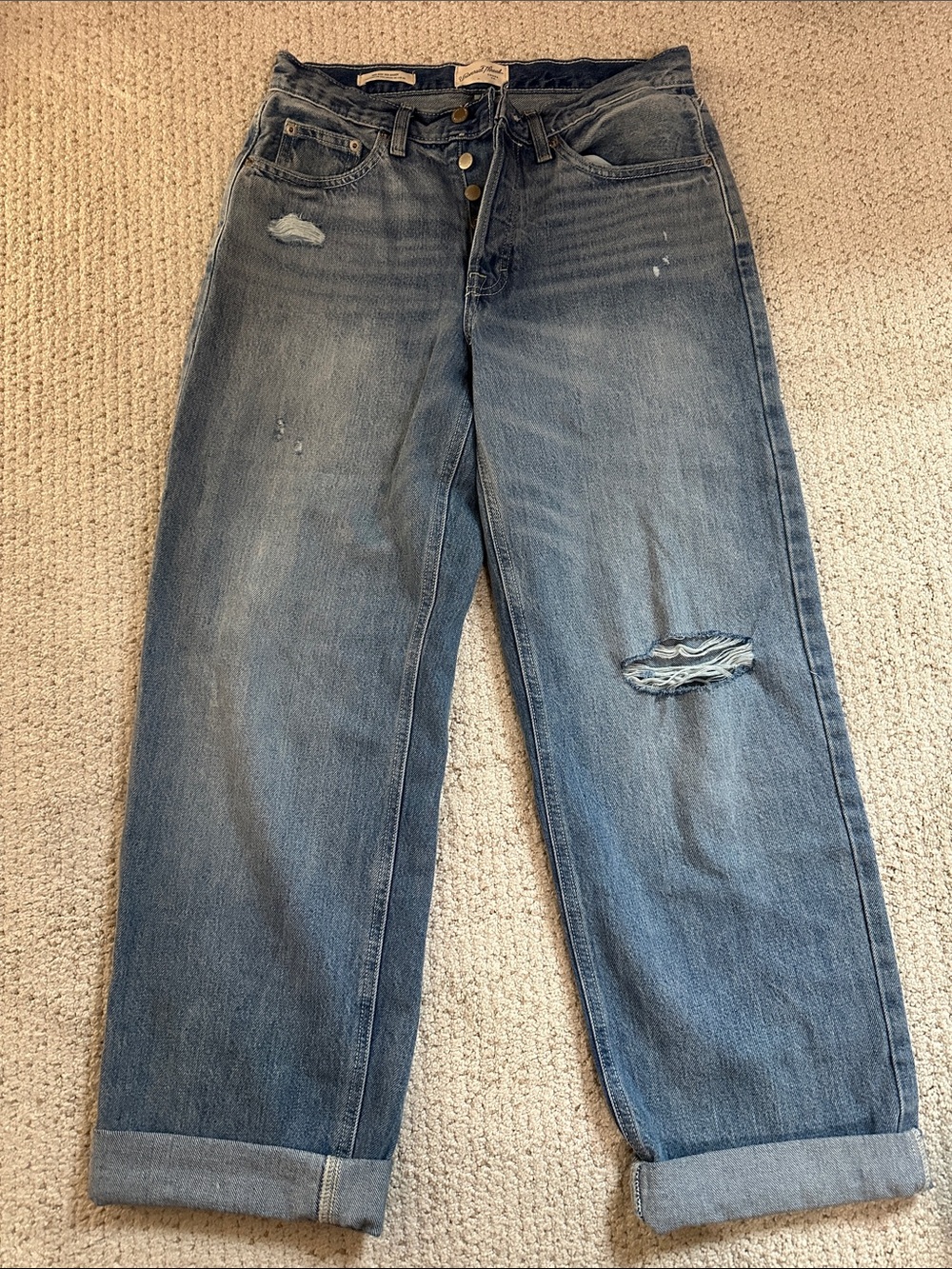 Distressed High-Rise Button-Fly Jeans in Faded Blue